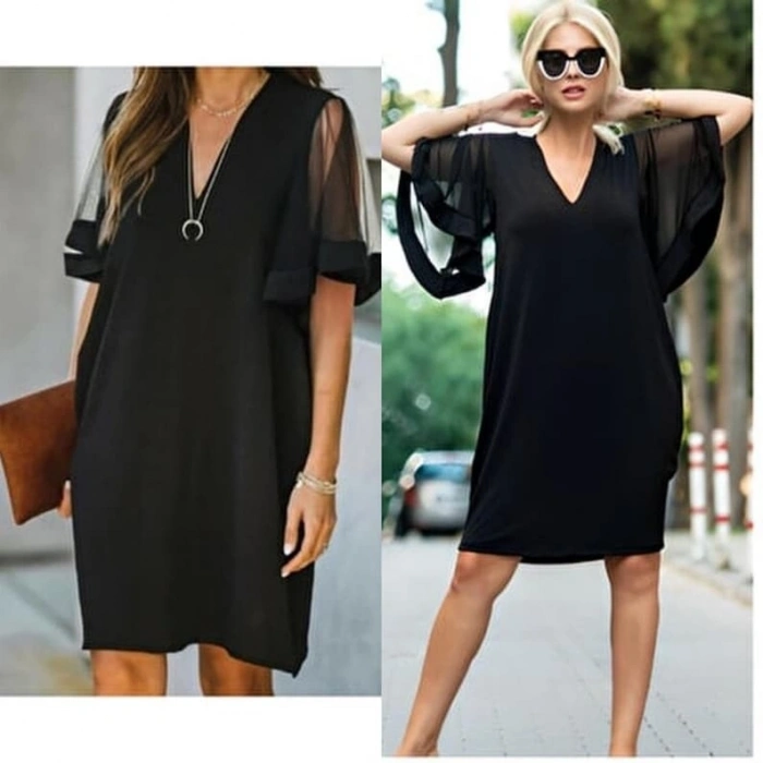 MARSiLYAN- Kadın Tüllü Kısa Kollu V Yaka Krep Elbise