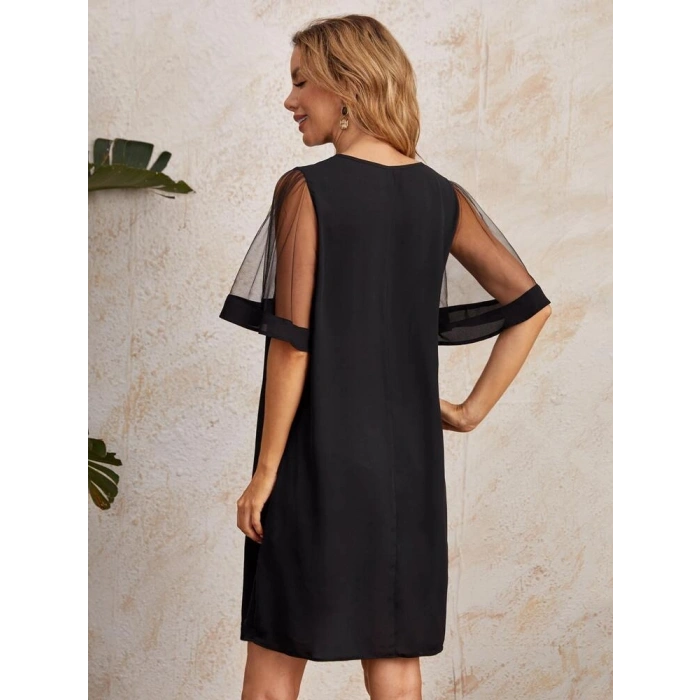 MARSiLYAN- Kadın Tüllü Kısa Kollu V Yaka Krep Elbise