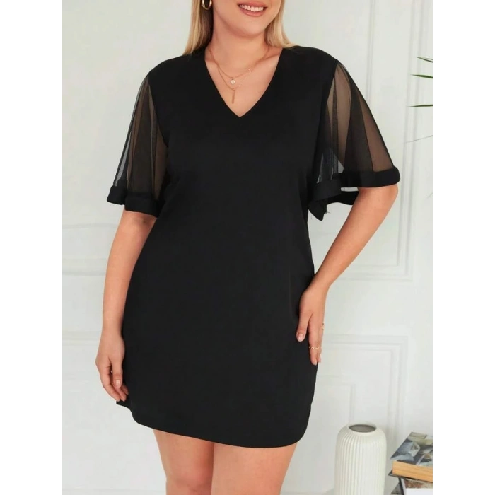 MARSiLYAN- Kadın Tüllü Kısa Kollu V Yaka Krep Elbise