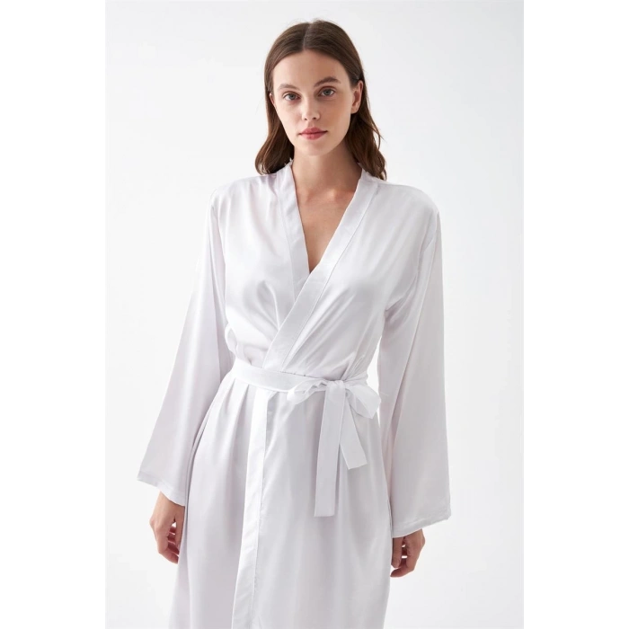MARSiLYAN- Kadın Uzun Beyaz Saten Sabahlık