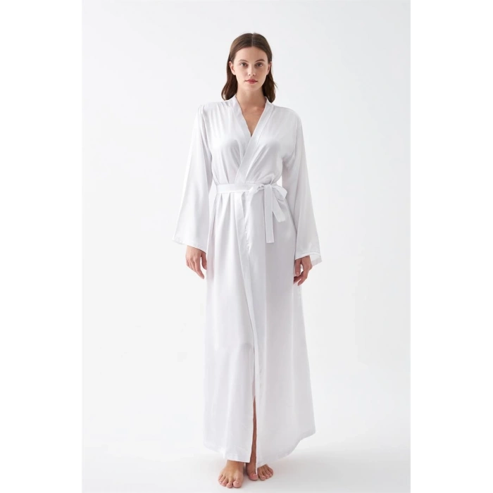 MARSiLYAN- Kadın Uzun Beyaz Saten Sabahlık