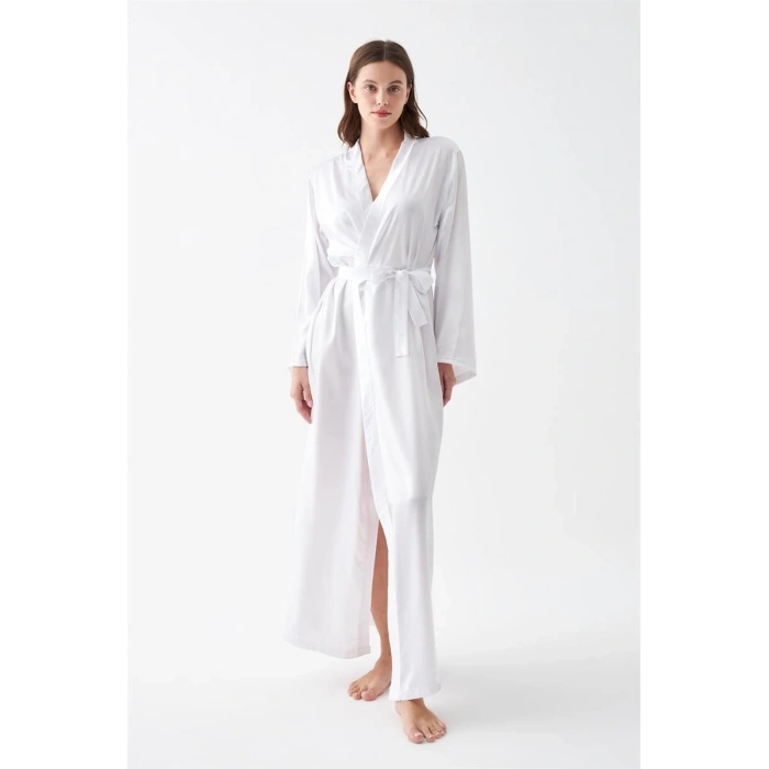 MARSiLYAN- Kadın Uzun Beyaz Saten Sabahlık