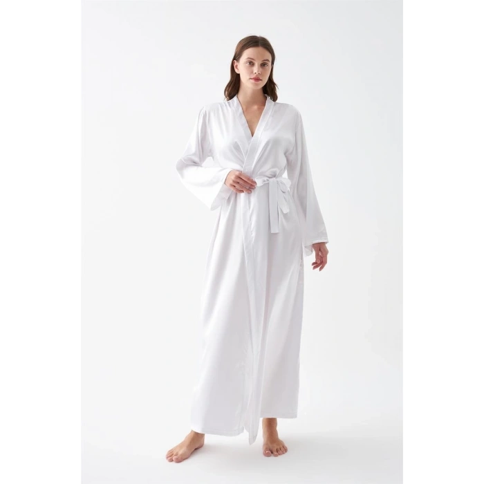 MARSiLYAN- Kadın Uzun Beyaz Saten Sabahlık