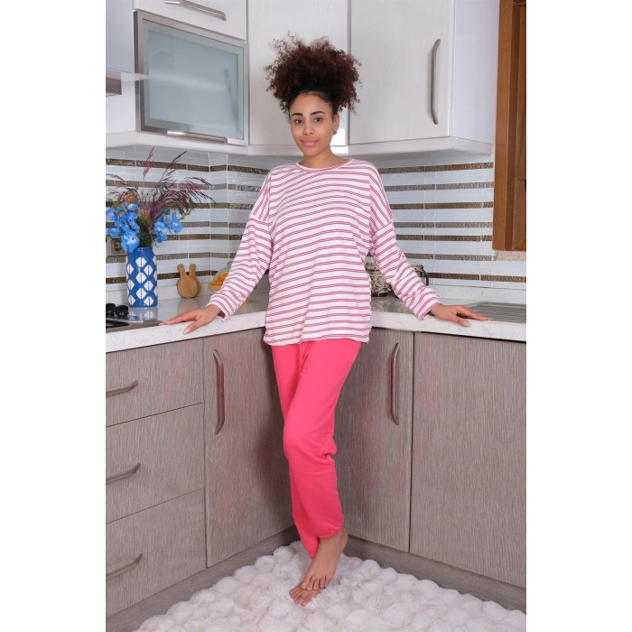 MARSiLYAN- Kadın Uzun Kol 3 İplik Penye Pijama Takım Beyaz