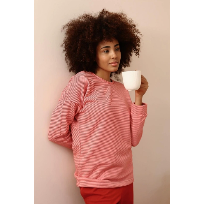 MARSiLYAN- Kadın Uzun Kol 3 İplik Penye Pijama Takım Kırmızı