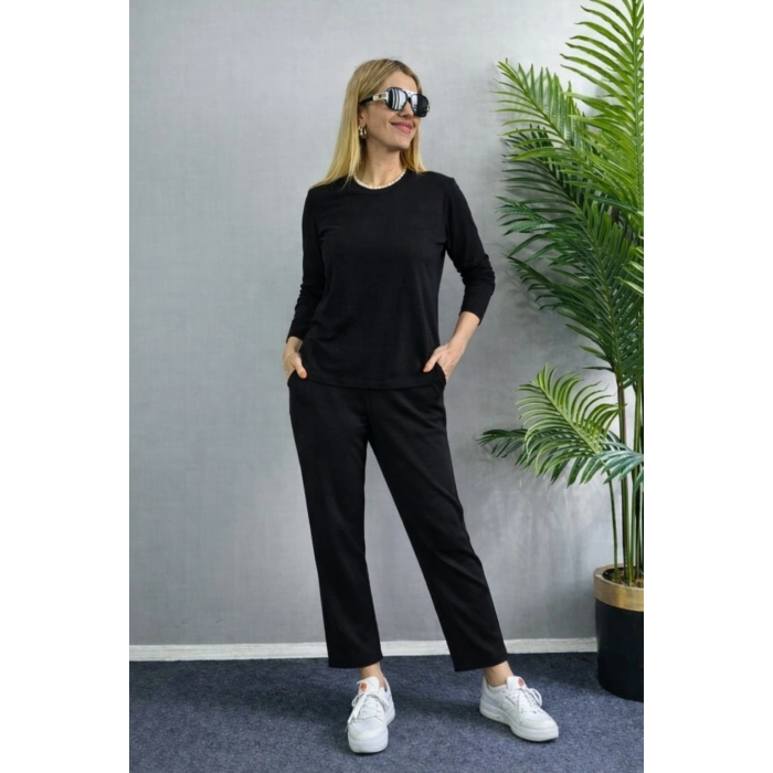 MARSiLYAN- Kadın Uzun Kol Bisiklet Yaka Bürümcük Bluz Ve Pantolon Ikili Takım