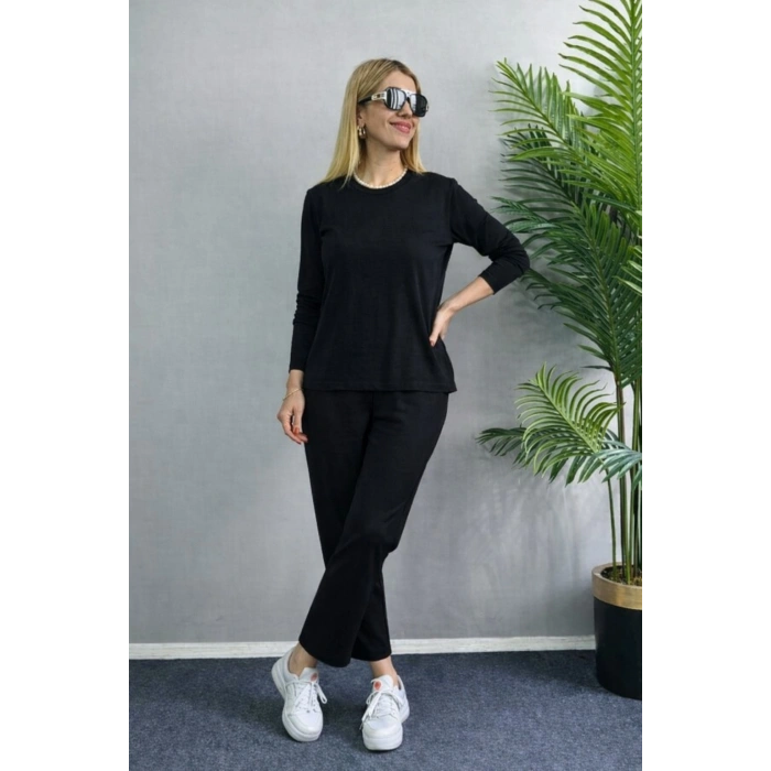 MARSiLYAN- Kadın Uzun Kol Bisiklet Yaka Bürümcük Bluz Ve Pantolon Ikili Takım