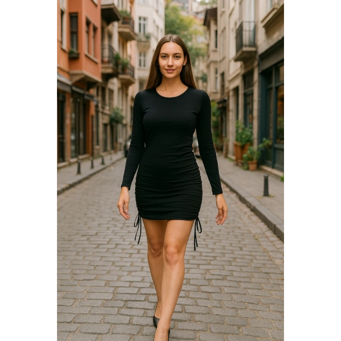 MARSiLYAN- Kadın Uzun Kol Büzgü Detaylı Sandy Kumaş Ayarlanabilir Boy Fırsat Ürün Elbise