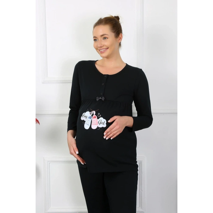 MARSiLYAN- Kadın Uzun Kol Hamile Lohusa Pijama Takımı Siyah