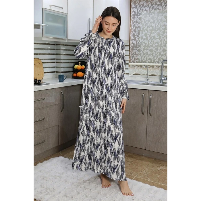 MARSiLYAN- Kadın Uzun Kol Penye Gecelik Ev Elbisesi Mavi