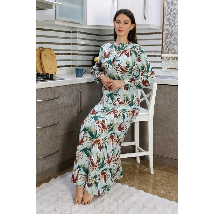 MARSiLYAN- Kadın Uzun Kol Penye Gecelik Ev Elbisesi Yeşil