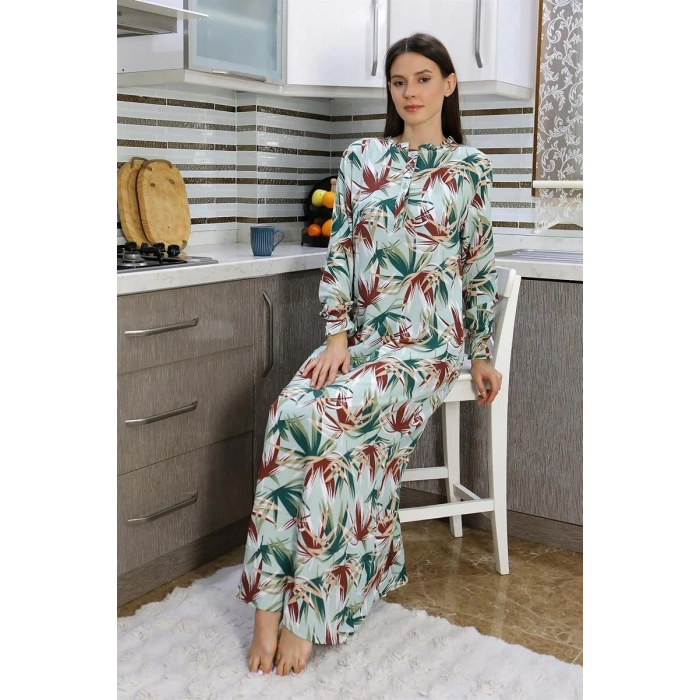 MARSiLYAN- Kadın Uzun Kol Penye Gecelik Ev Elbisesi Yeşil