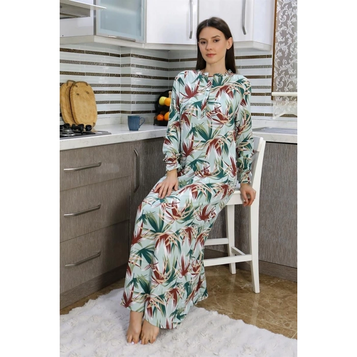 MARSiLYAN- Kadın Uzun Kol Penye Gecelik Ev Elbisesi Yeşil