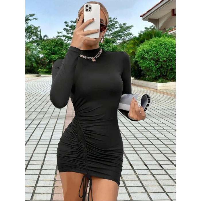 MARSiLYAN- Kadın Uzun Kol Sağ Belden Sol Etek Ucuna Doğru Hafif çapraz Büzgülü Sandy Mini Boy Elbise