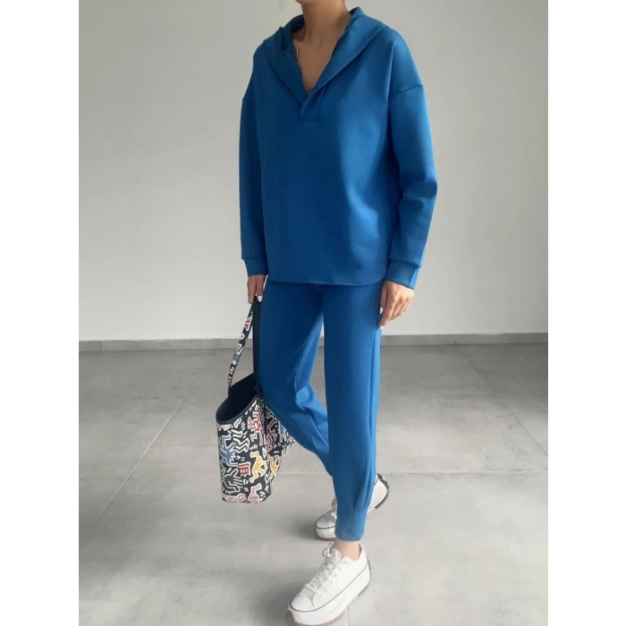 MARSiLYAN- Kadın Uzun Kol V Yaka Kapüşon Detay Sweat Ve Yüksel Bel Eşofman Ikili Takım