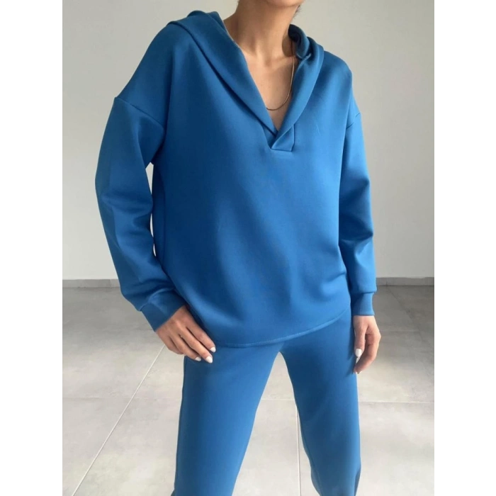 MARSiLYAN- Kadın Uzun Kol V Yaka Kapüşon Detay Sweat Ve Yüksel Bel Eşofman Ikili Takım