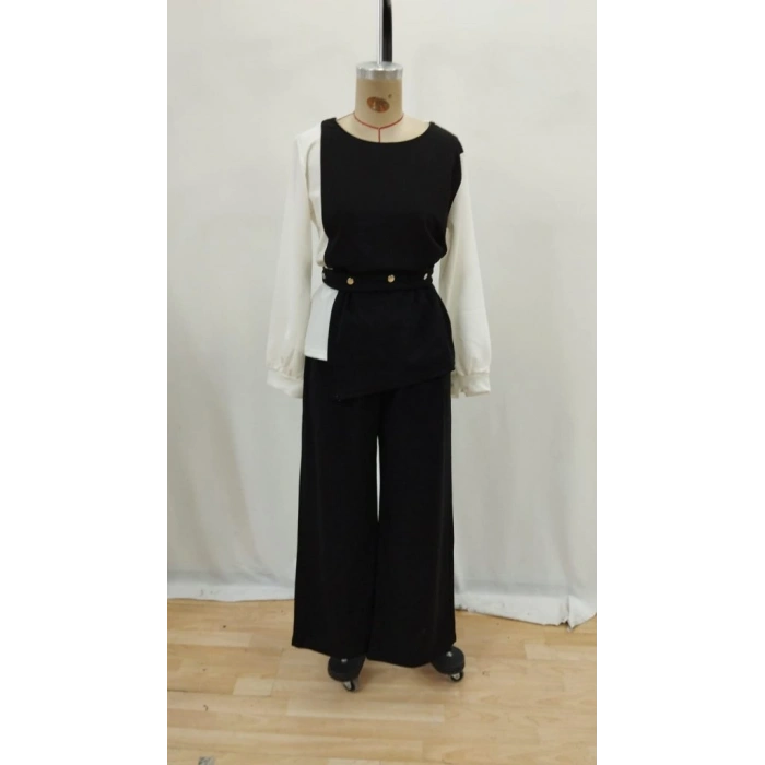 MARSiLYAN- Kadın Uzun Kollu Açık Yakalı çift Renkli Kemerli Ithal Krep Ikili Takım