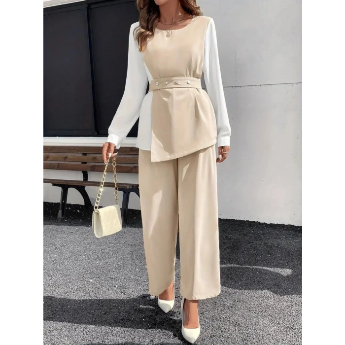 MARSiLYAN- Kadın Uzun Kollu Açık Yakalı çift Renkli Kemerli Ithal Krep Ikili Takım