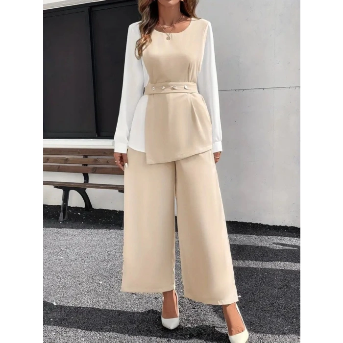 MARSiLYAN- Kadın Uzun Kollu Açık Yakalı çift Renkli Kemerli Ithal Krep Ikili Takım