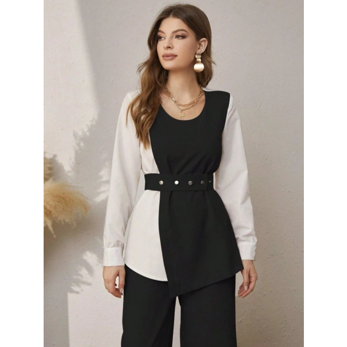 MARSiLYAN- Kadın Uzun Kollu Açık Yakalı çift Renkli Kemerli Ithal Krep Ikili Takım