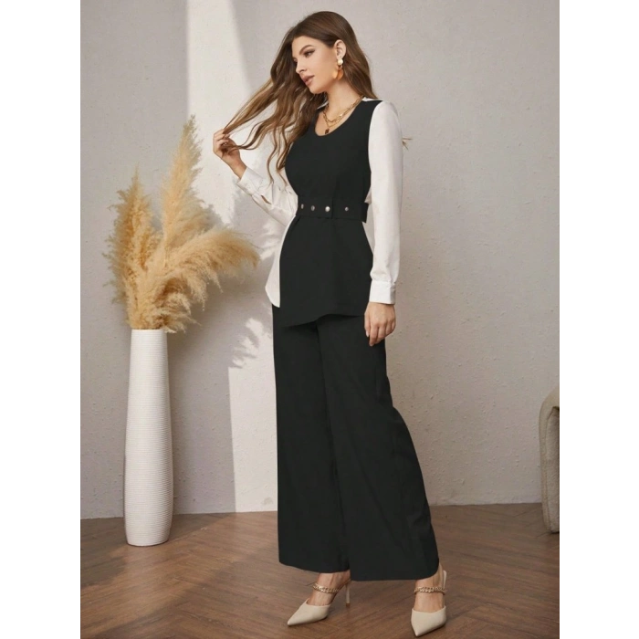 MARSiLYAN- Kadın Uzun Kollu Açık Yakalı çift Renkli Kemerli Ithal Krep Ikili Takım