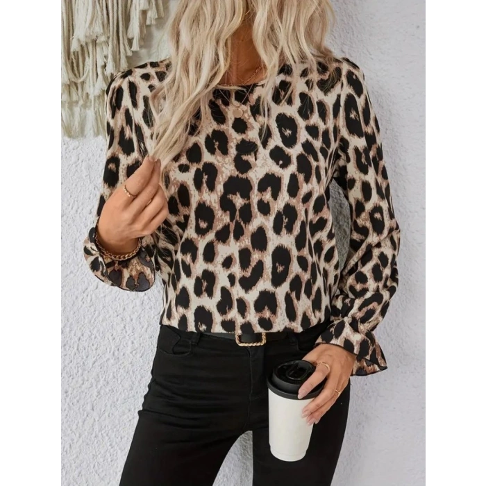 MARSiLYAN- Kadın Uzun Kollu Arkadan Fiyonk Detaylı Leopar Desenli Süprem Bluz