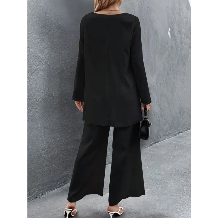 MARSiLYAN- Kadın Uzun Kollu Asimetrik Detaylı Salaş Sandy Bluz Ve Pantolon Ikili Takım