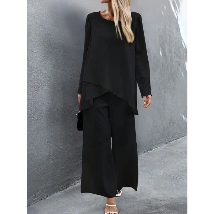 MARSiLYAN- Kadın Uzun Kollu Asimetrik Detaylı Salaş Sandy Bluz Ve Pantolon Ikili Takım