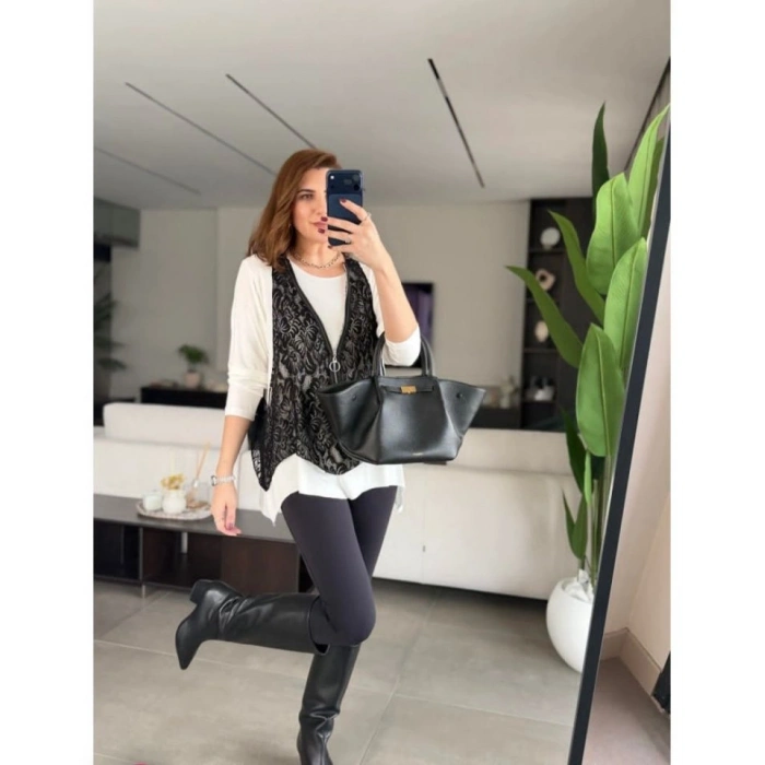 MARSiLYAN- Kadın Uzun Kollu Asimetrik Kesim Bluz Ve Dantel Güpür Transparan Detay Fermuarlı Yelek Ikili Takım