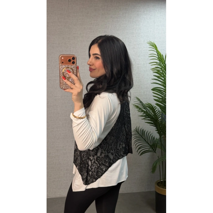 MARSiLYAN- Kadın Uzun Kollu Asimetrik Kesim Bluz Ve Dantel Güpür Transparan Detay Fermuarlı Yelek Ikili Takım