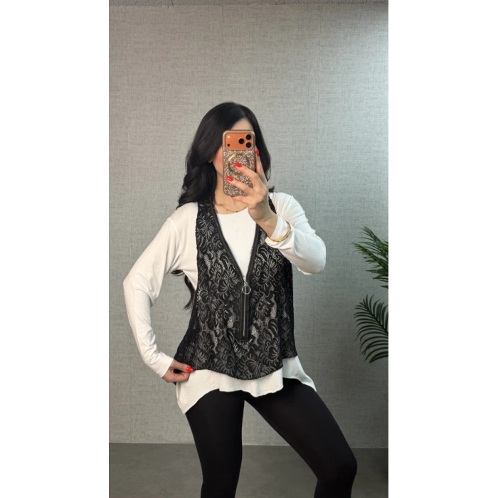 MARSiLYAN- Kadın Uzun Kollu Asimetrik Kesim Bluz Ve Dantel Güpür Transparan Detay Fermuarlı Yelek Ikili Takım