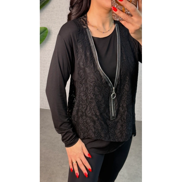 MARSiLYAN- Kadın Uzun Kollu Asimetrik Kesim Bluz Ve Dantel Güpür Transparan Detay Fermuarlı Yelek Ikili Takım