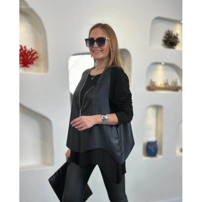 MARSiLYAN- Kadın Uzun Kollu Asimetrik Kesim Viskon Bluz Ve çatlak Deri Görünümlü Yelek Ikili Takım