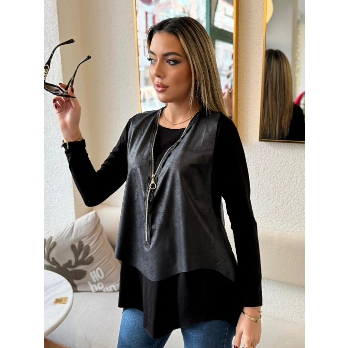 MARSiLYAN- Kadın Uzun Kollu Asimetrik Kesim Viskon Bluz Ve çatlak Deri Görünümlü Yelek Ikili Takım