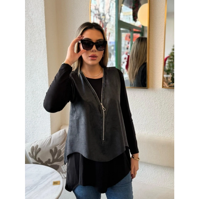 MARSiLYAN- Kadın Uzun Kollu Asimetrik Kesim Viskon Bluz Ve çatlak Deri Görünümlü Yelek Ikili Takım