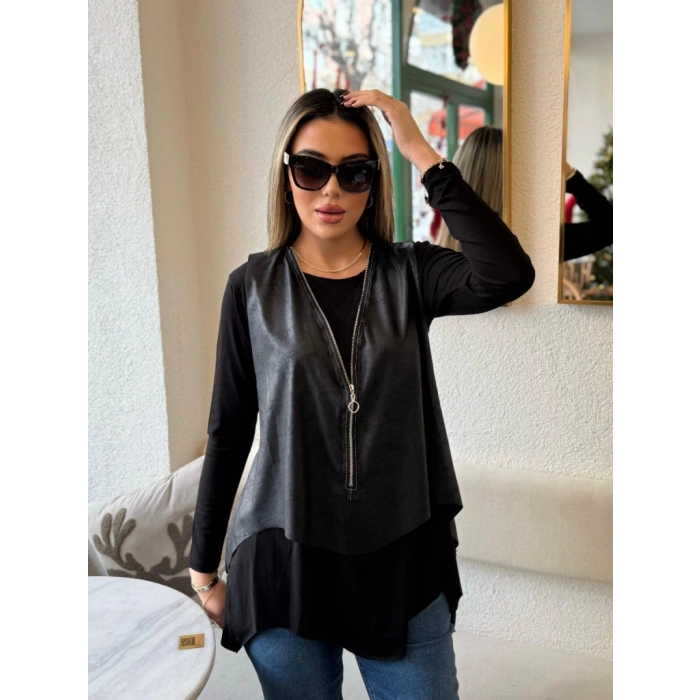 MARSiLYAN- Kadın Uzun Kollu Asimetrik Kesim Viskon Bluz Ve çatlak Deri Görünümlü Yelek Ikili Takım