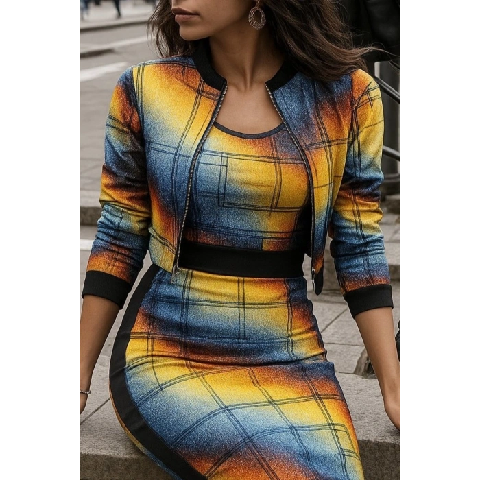 MARSiLYAN- Kadın Uzun Kollu Askılı Yuvarlak Yaka Desenli Dalgıç Bluz Ceket Ve Etek üçlü Takım