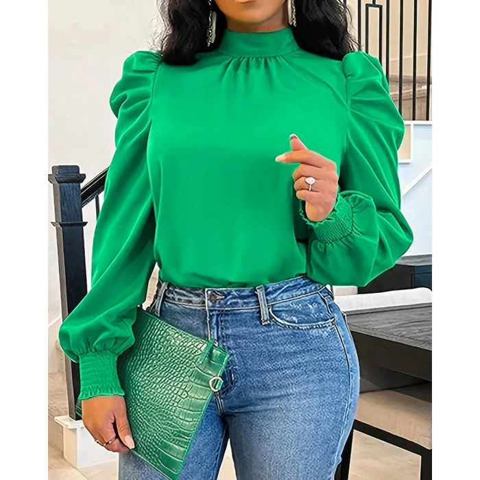 MARSiLYAN- Kadın Uzun Kollu Balıkçı Yaka Arkadan Bağlamalı Omuzlardan Balon Ithal Krep Bluz