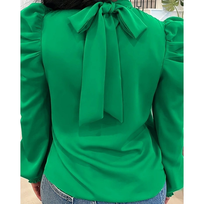 MARSiLYAN- Kadın Uzun Kollu Balıkçı Yaka Arkadan Bağlamalı Omuzlardan Balon Ithal Krep Bluz