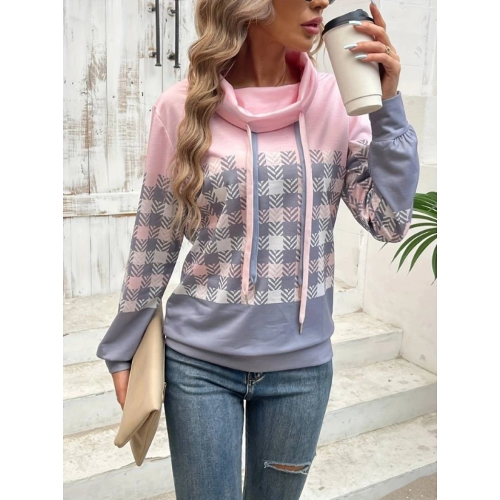 MARSiLYAN- Kadın Uzun Kollu Balıkçı Yaka Bağcıklı Desenli şardonlu Dalgıç Bluz