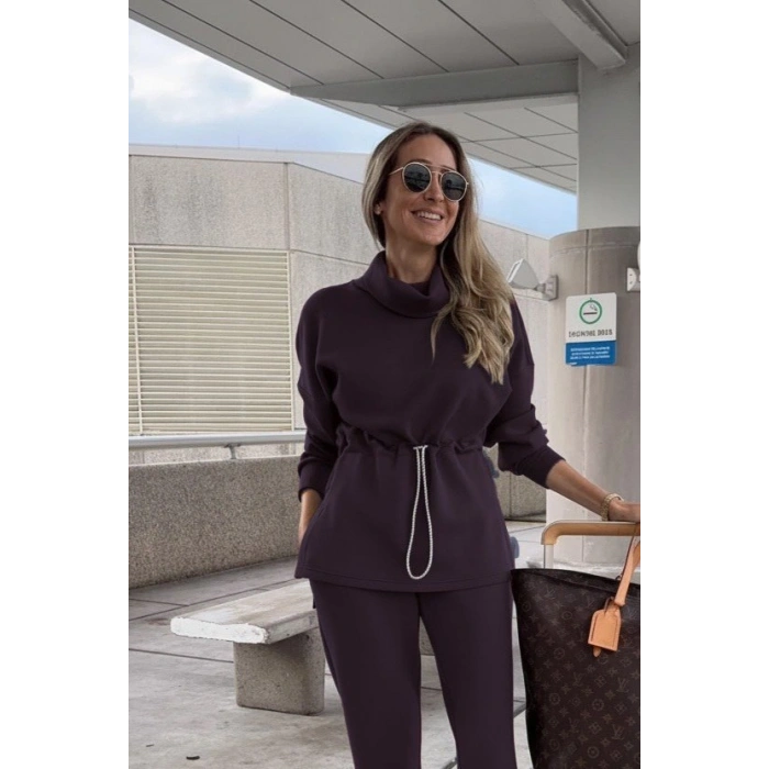 MARSiLYAN- Kadın Uzun Kollu Balıkçı Yaka Belden Lastikli Modal Bluz Ve Pantolon Ikili Takım