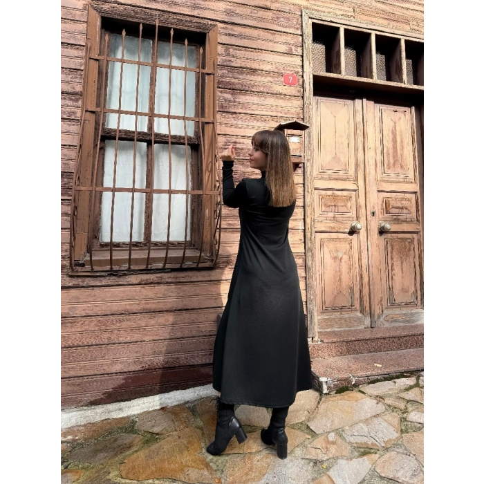 MARSiLYAN- Kadın Uzun Kollu Balıkçı Yaka Derin Yırtmaç Detay Krep Elbise