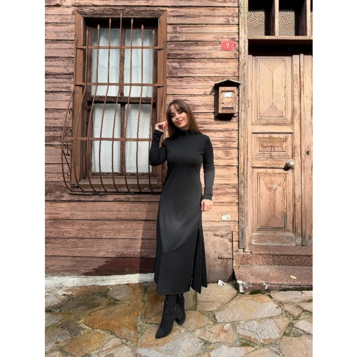 MARSiLYAN- Kadın Uzun Kollu Balıkçı Yaka Derin Yırtmaç Detay Krep Elbise