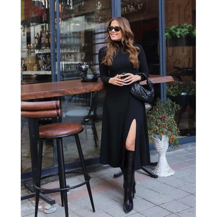 MARSiLYAN- Kadın Uzun Kollu Balıkçı Yaka Derin Yırtmaç Detay Krep Elbise