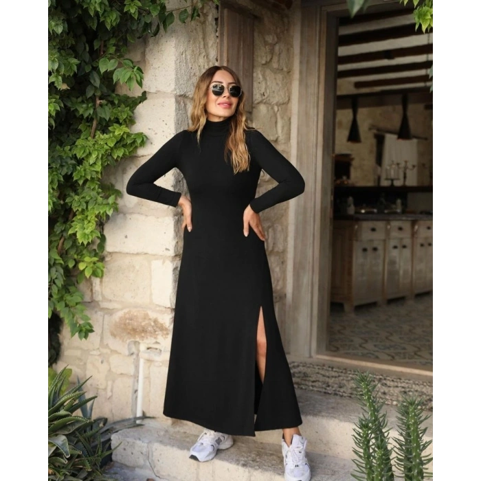 MARSiLYAN- Kadın Uzun Kollu Balıkçı Yaka Derin Yırtmaç Detay Krep Elbise