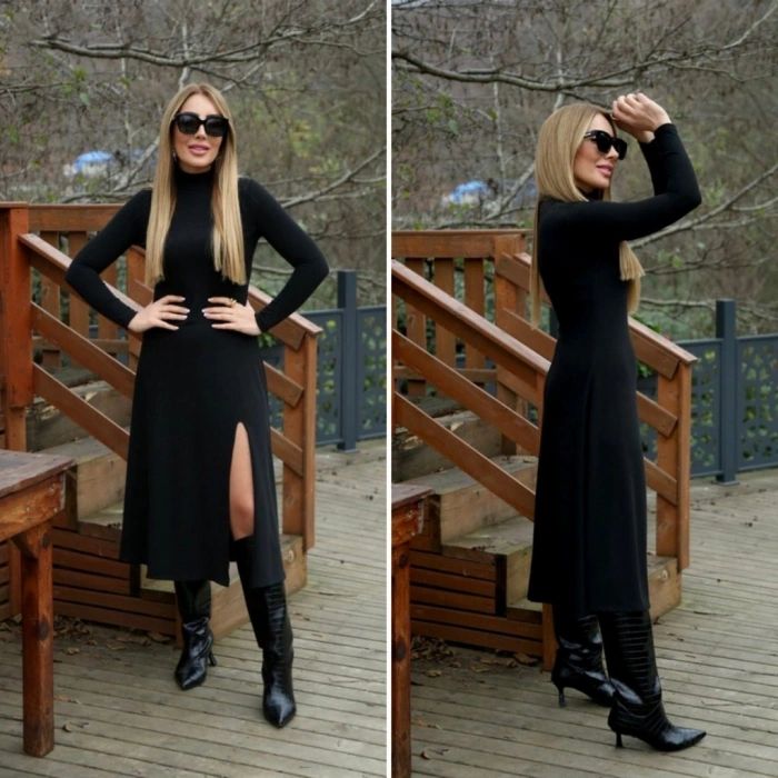 MARSiLYAN- Kadın Uzun Kollu Balıkçı Yaka Derin Yırtmaç Detay Krep Elbise