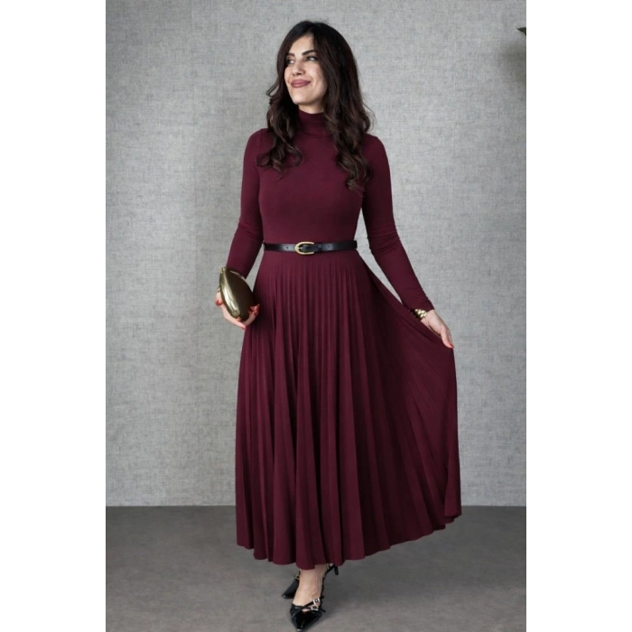 MARSiLYAN- Kadın Uzun Kollu Balıkçı Yaka Kemersiz Pileli Uzun Sandy Elbise