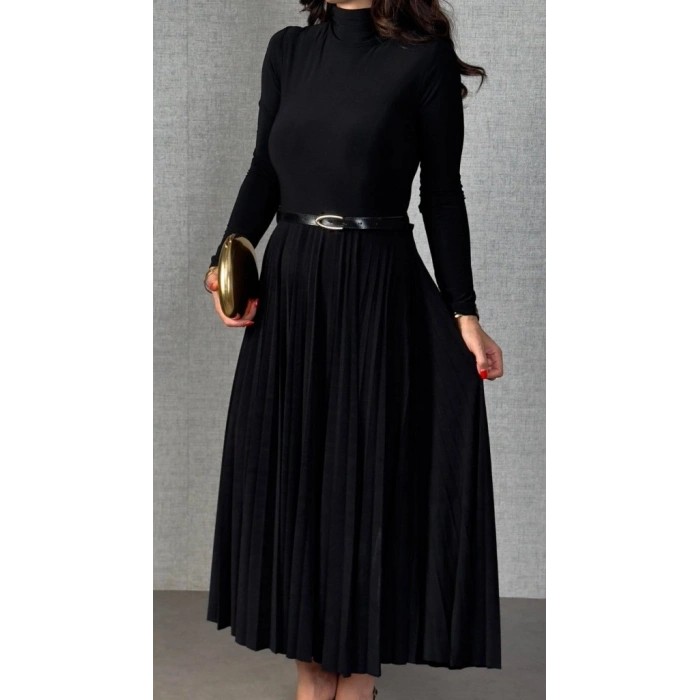 MARSiLYAN- Kadın Uzun Kollu Balıkçı Yaka Kemersiz Pileli Uzun Sandy Elbise