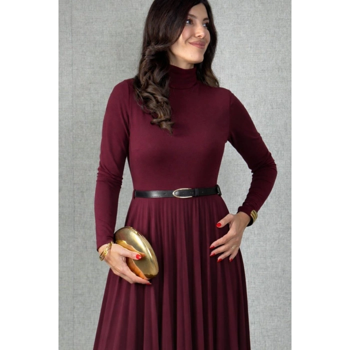 MARSiLYAN- Kadın Uzun Kollu Balıkçı Yaka Kemersiz Pileli Uzun Sandy Elbise