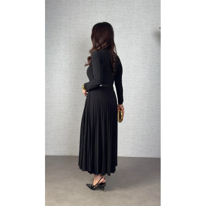 MARSiLYAN- Kadın Uzun Kollu Balıkçı Yaka Kemersiz Pileli Uzun Sandy Elbise